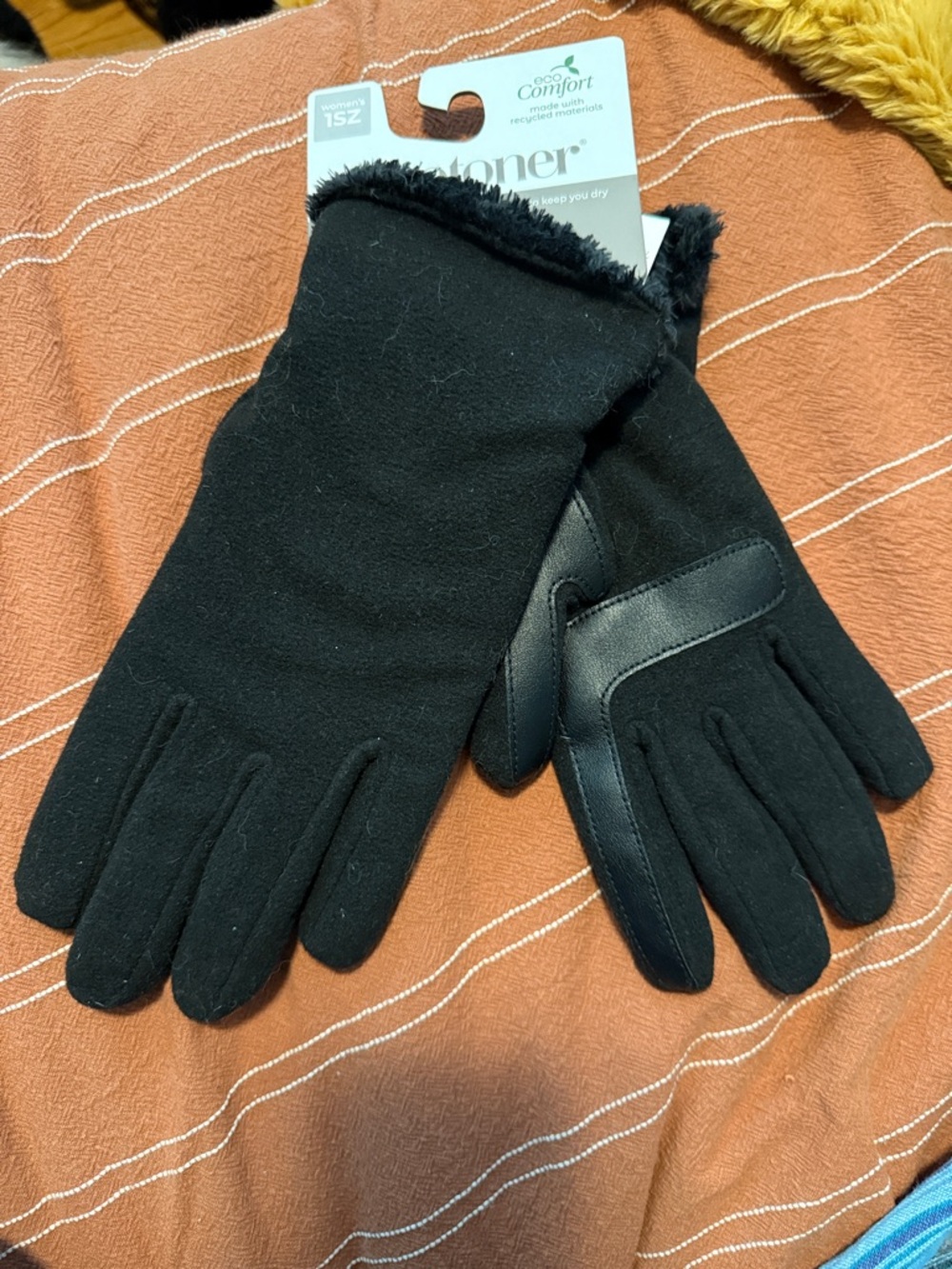 Comfort Liner Black Faux-Fur Trim Touchscreen Gloves by isotoner